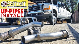 2001 F350 73  RiffRaff UpPipes Install  Stock up pipes leaking and falling apart JUNK SP [upl. by Mmada]