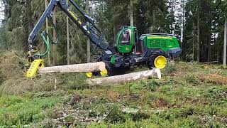 John Deere 1470G harvester felling big trees [upl. by Yednarb295]